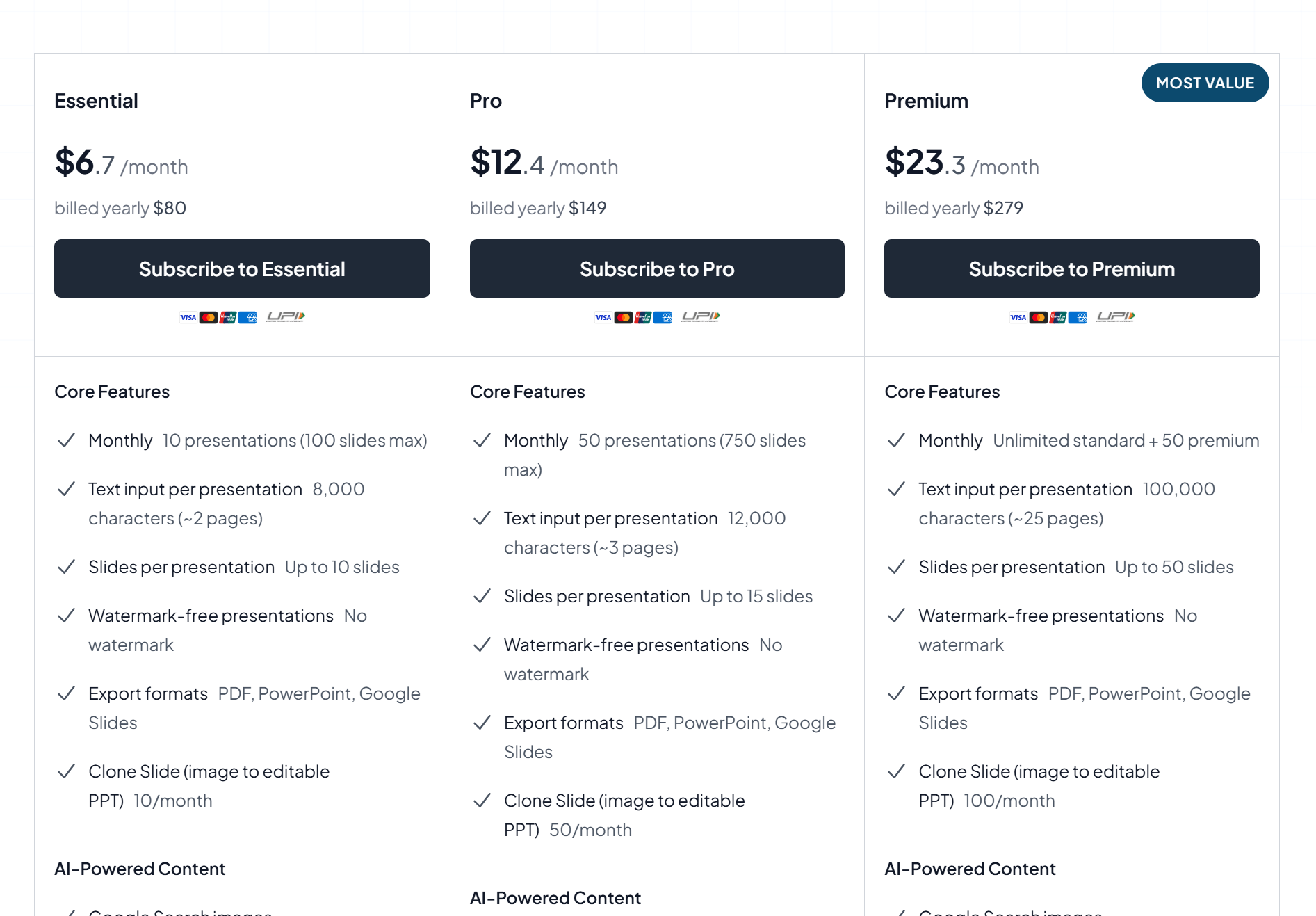 magicslides app pricing table page