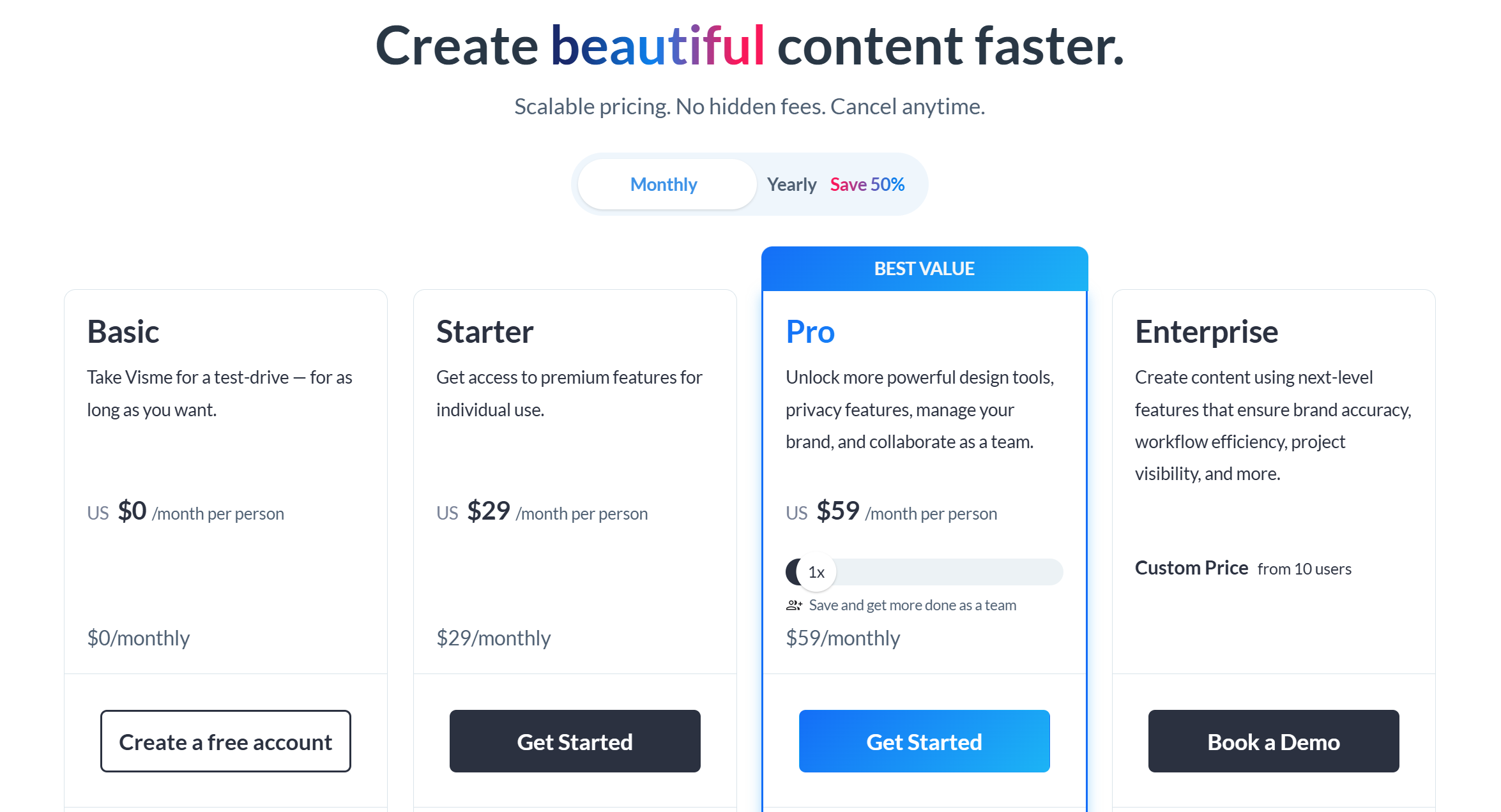 Visme Pricing page