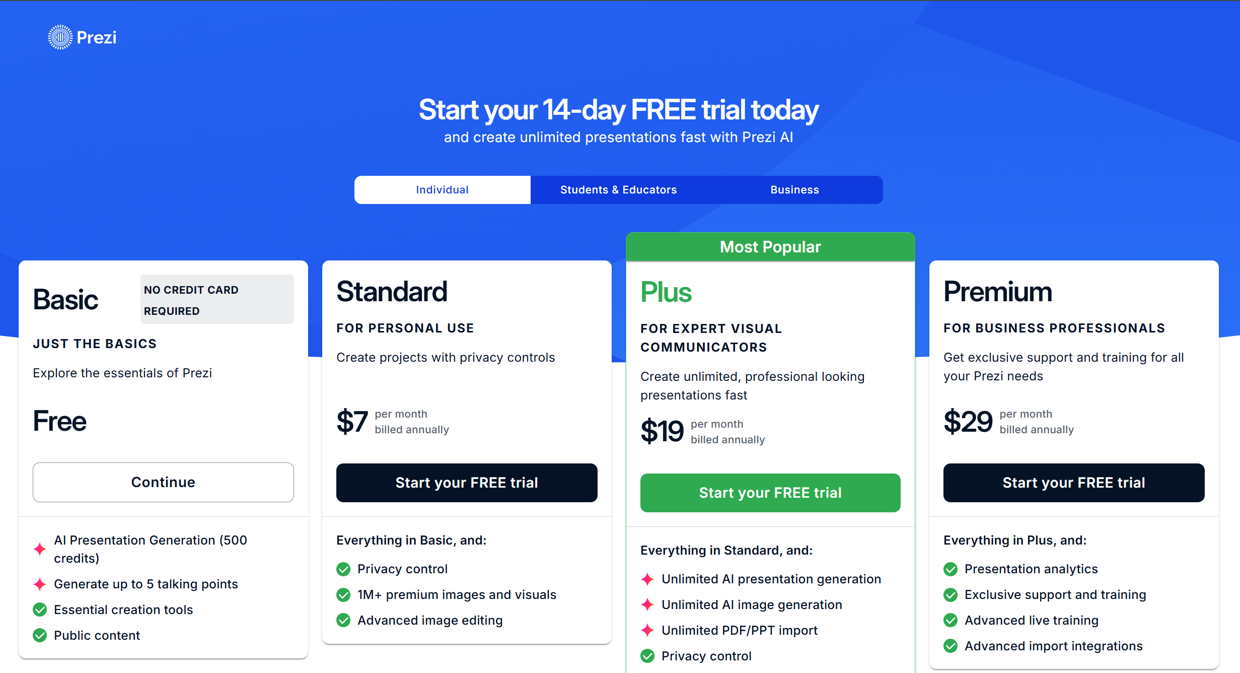 prezi pricing page